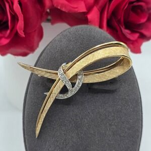 Vintage Boucher 9607 Gold Silver Tone Rhinestone Abstract Ribbon Bow Brooch Pin